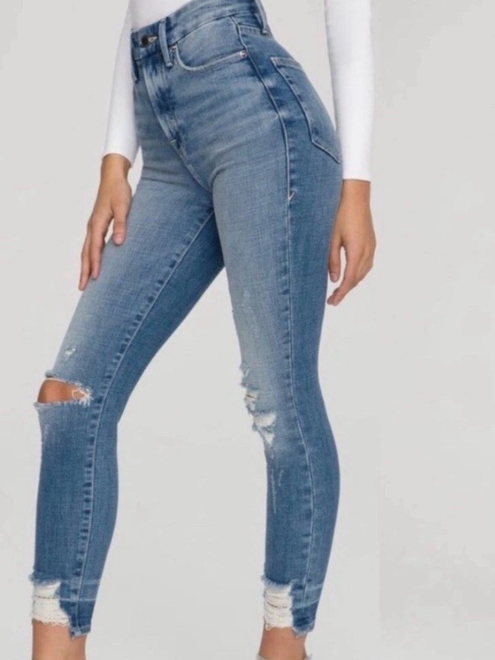 Good American Good Waist Chew Hem Ankle Skinny Distressed Jeans Sz 15